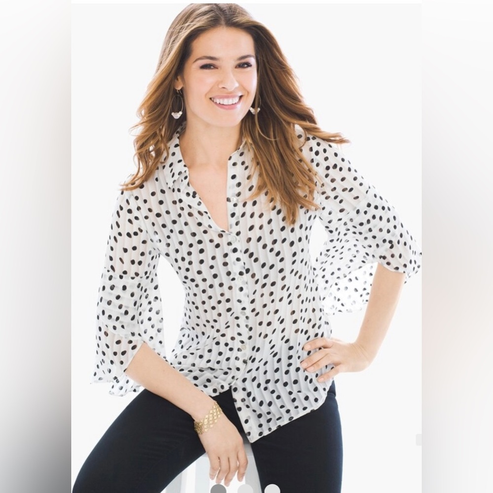 Chico’s Dazzling Dots Tulip-sleeve semi sheer top. NWT Size Large/12-14